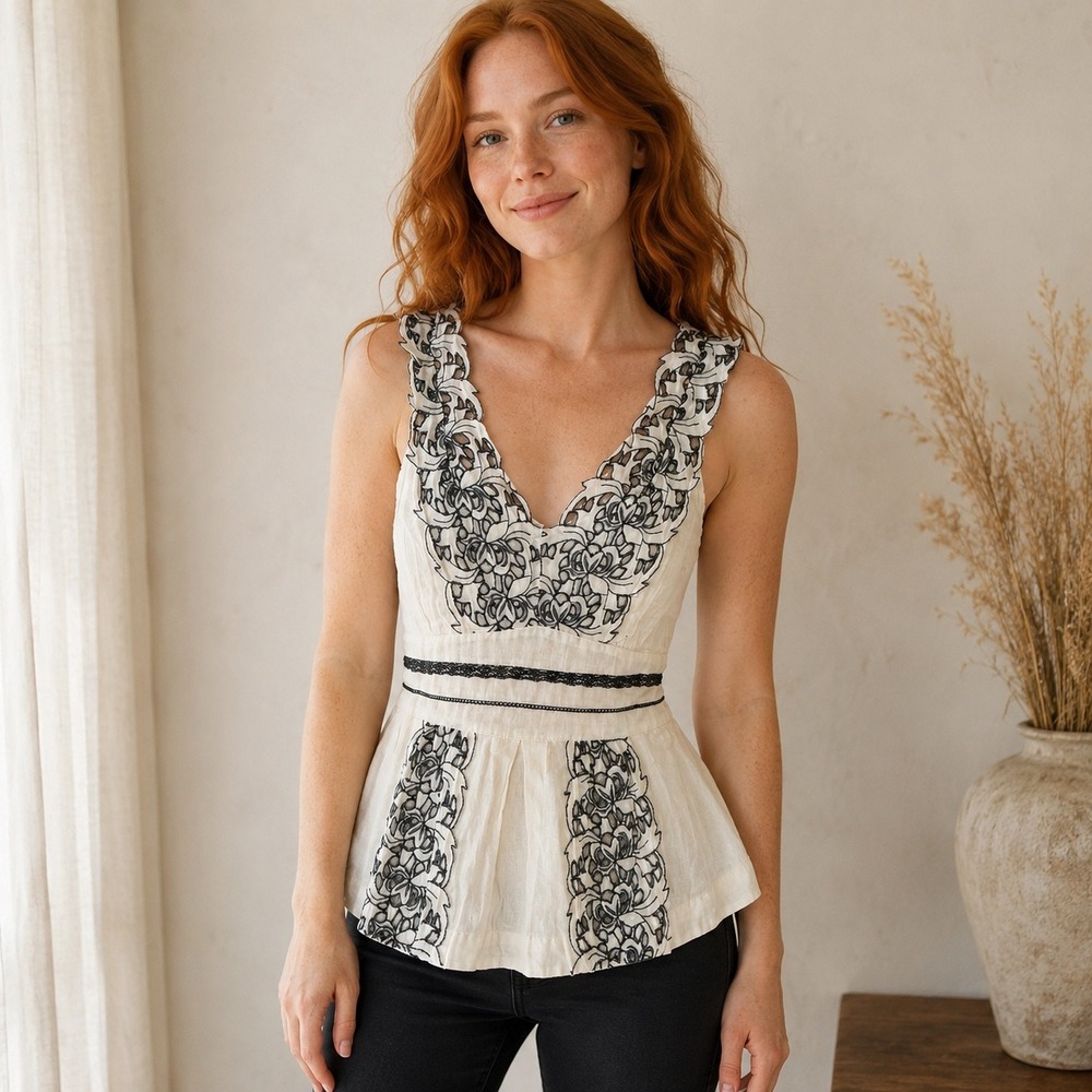 Floreat Anthropologie Ivory Black Embroidered Cotton Peplum Top Boho Size 4